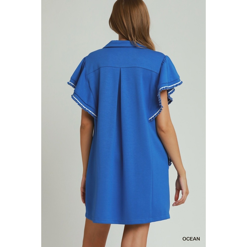 Umgee Half Zip Ruffle Rib Band Butterfy Sleeve Mini Dress with Pockets - Large - Picture 4 of 4